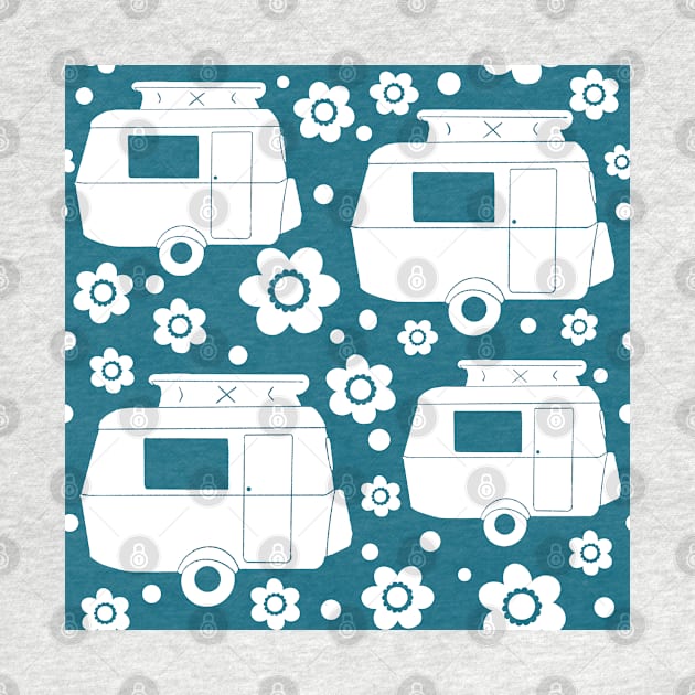 Daisy Polka Dot Vintage Caravan Pattern in Teal and White by NattyDesigns